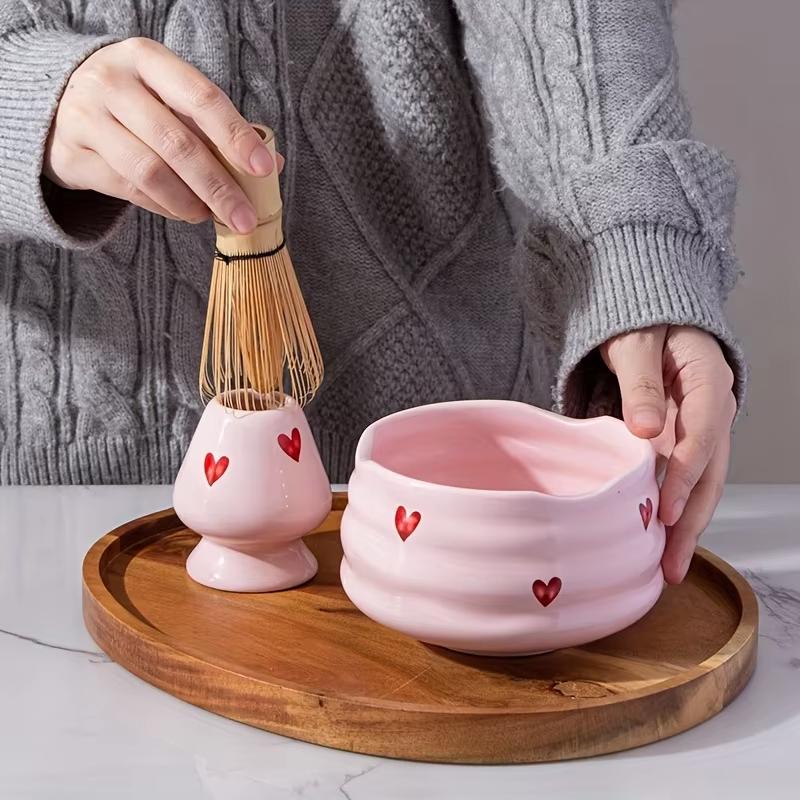 Matcha Whisk Set - 【ชุดมัทฉะเซรามิกพร้อมสติ๊กเกอร์รูปหัวใจน่ารัก 2/4/5 ชิ้น - ชามมัทฉะ ที่ตีชา