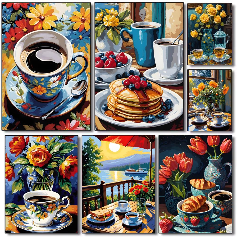 Wallpaper Coffee And Tea - โปสเตอร์ลายถ้วยกาแฟสำหรับจิบน้ำชายามบ่าย ภาพศิลปะ HD ติดผนัง กันน้ำ ตกแต่งบ้าน