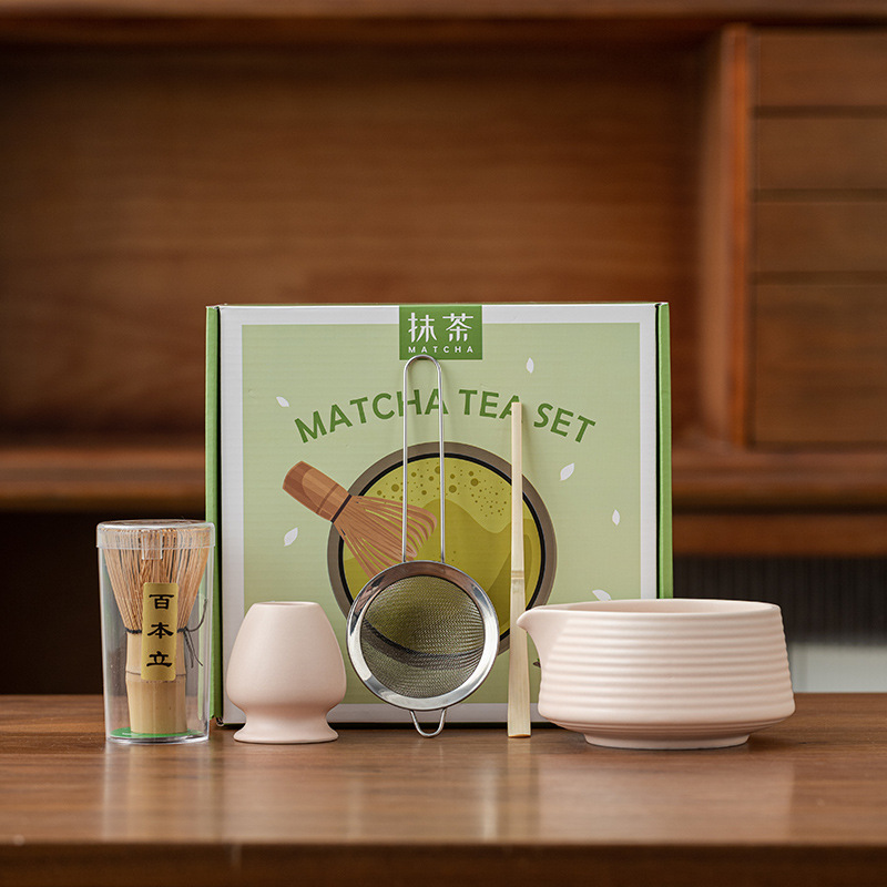 Matcha Whisk Set - ชุดชาเขียวมัทฉะสไตล์ญี่ปุ่น ชามมัทฉะเซรามิกเคลือบสีแบบญี่ปุ่น ชุดตีชาเขียวมัทฉะ แปรงไม้ไผ่สำหรับตีชา ชุดพิธีชงชา