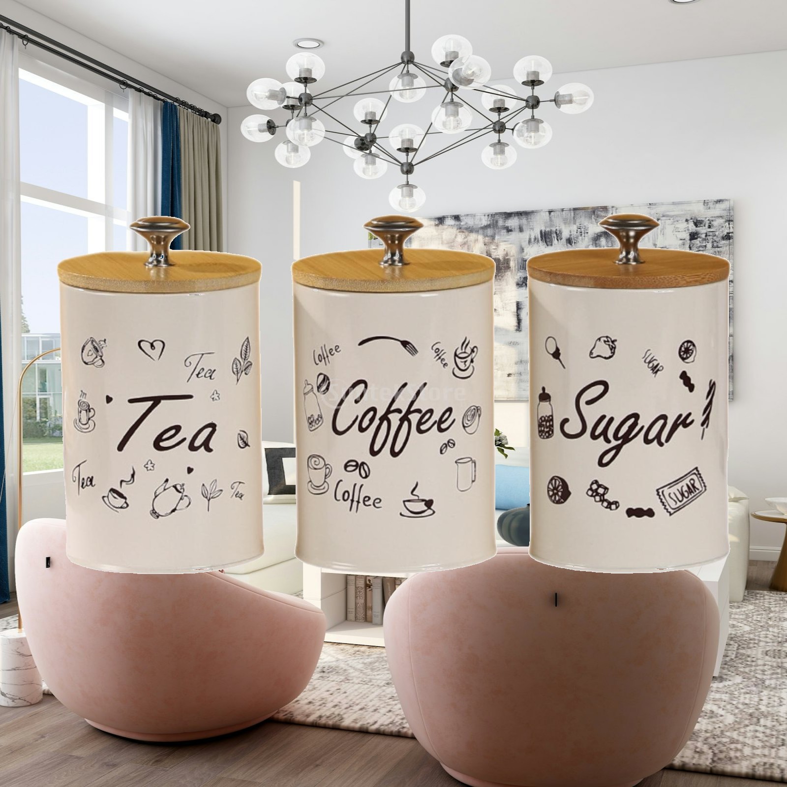 Coffee Tea Canister Set - ชุดกระปุกเก็บน้ำตาล ชา กาแฟ สไตล์ฟาร์มเฮาส์ สำหรับตกแต่งครัว ทำจากเหล็กและไม้ไผ่