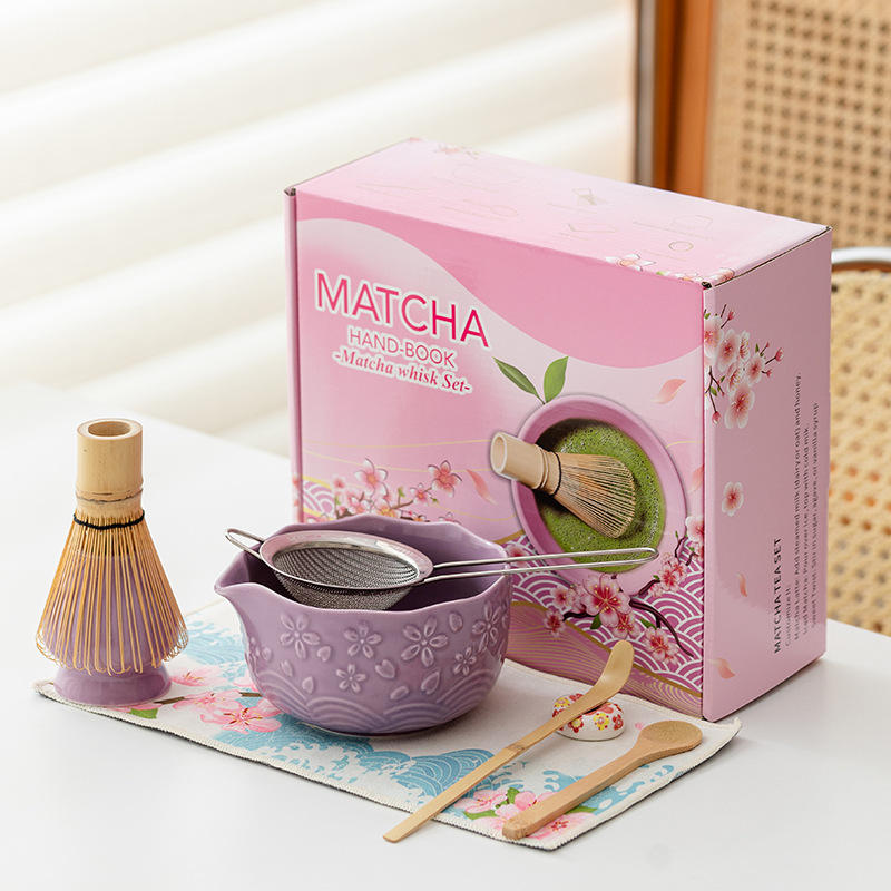 Matcha Whisk Set - ชุดมัทฉะหรูหรา 8 ชิ้น ชุดอุปกรณ์ชงชาญี่ปุ่นแบบพิธีกรรม ลายลายนูน ชาม