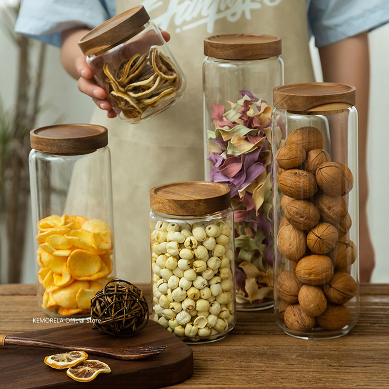 Coffee Tea Canister Set - ไม้ฝาปิดแก้ว Airtight กระป๋องห้องครัวขวด Jars อาหารธัญพืชชากาแฟถั่วธัญพืช Candy
