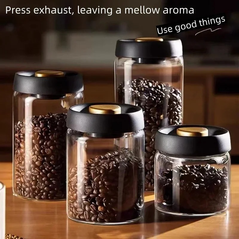 Coffee Tea Containers - โถเก็บกาแฟสุญญากาศแบบแมนนวล ทำจากแก้วบอโรซิลิเกตคุณภาพสูง ป้องกันความชื้น สำหรับเก็บชาและกาแฟในครัว