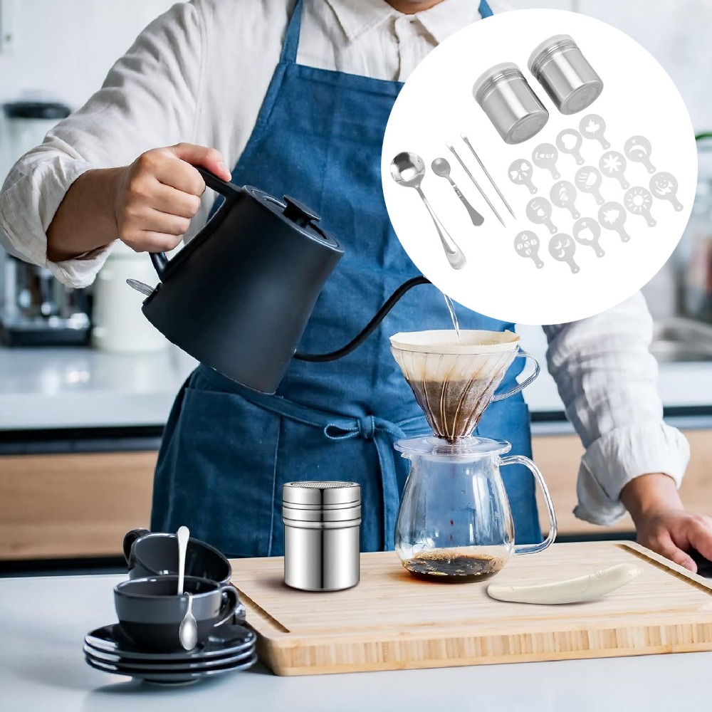 Coffee Stencil Art - ปากกาลายลาเต้สแตนเลส ดีไซน์พกพา ใช้ซ้ำได้ พร้อมแม่แบบตกแต่งกาแฟ พร้อมที่เขย่า แม่แบบกาแฟ