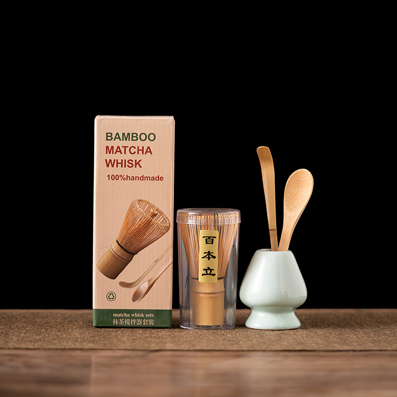 Matcha Whisk Set - ชุดตะกร้อมัทฉะไม้ไผ่ 4 ชิ้น พร้อมแท่นวางตะกร้อมัทฉะ แปรงผสมมัทฉะแบบดั้งเดิม อุปกรณ์ชงชาญี่ปุ่น
