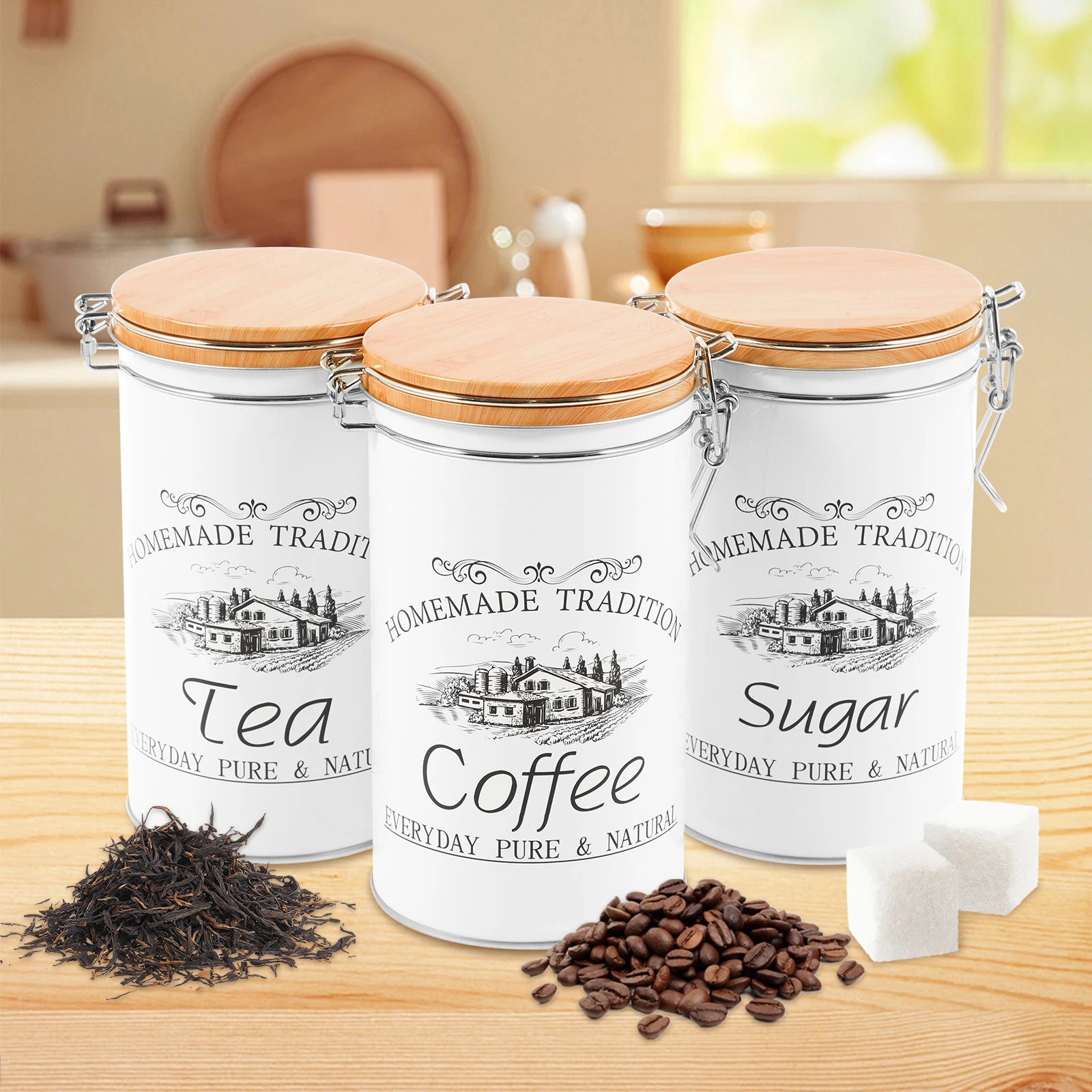 Coffee Tea Canister Set - ชุดกระป๋องเก็บชา กาแฟ น้ำตาล 3 ชิ้น/ชุด กระป๋องโลหะสำหรับเก็บเมล็ดกาแฟ