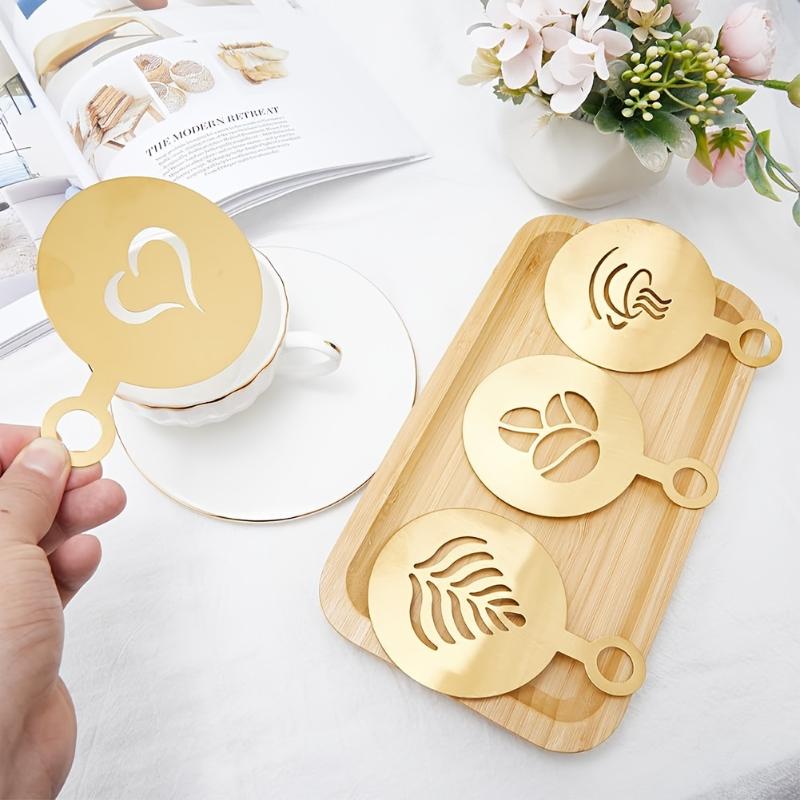 Coffee Stencil Art - 4 ชิ้น/เซ็ต ชุดลายฉลุสแตนเลสลายกาแฟ สำหรับตกแต่งเค้กและคุกกี้ ใช้กับสีสเปรย์ แม่พิมพ์อบขนม