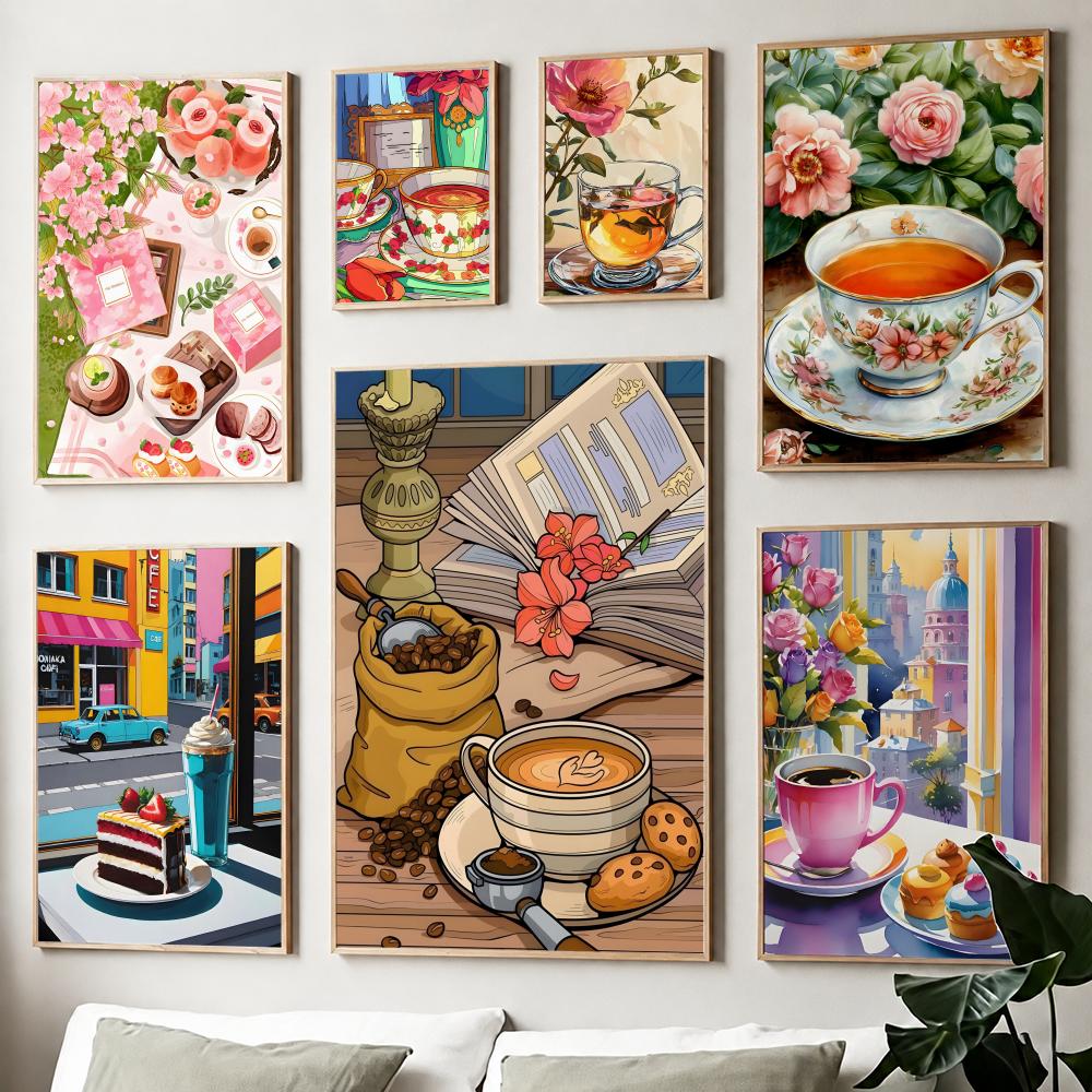 Wallpaper Coffee And Tea - โปสเตอร์ภาพพิมพ์ลายถ้วยกาแฟสำหรับจิบน้ำชายามบ่าย เหมาะสำหรับตกแต่งบ้าน ห้องนั่งเล่น ห้องนอน ทางเข้าบ้าน บาร์