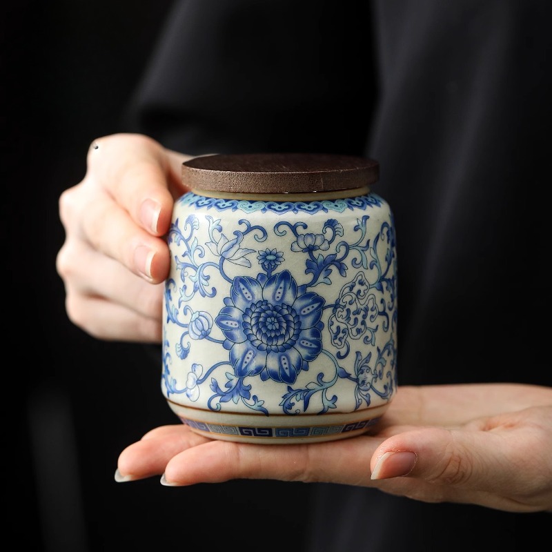 Coffee Tea Canister Set - Creative Blue และ White Porcelain ปิดผนึกกระป๋องชาฝาปิดไม้ไผ่เซรามิค