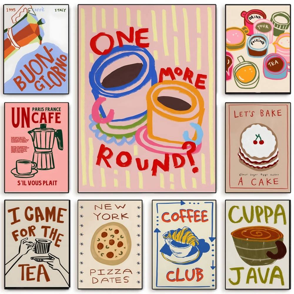 Wallpaper Coffee And Tea - ร้านกาแฟ ช่วงบ่าย ชา ครัวซองต์ โปสเตอร์สีสันสดใส ศิลปะติดผนัง