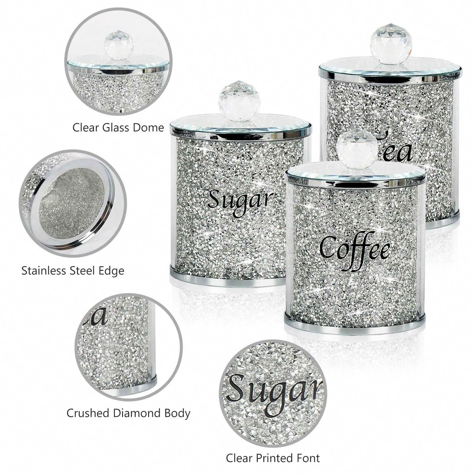 Coffee Tea Containers - ชุดกระปุกเก็บของในครัวลายเพชรระยิบระยับ 4 ชิ้น พร้อมฝาปิดและถาดกระจกเงา สำหรับเก็บกาแฟ น้ำตาล