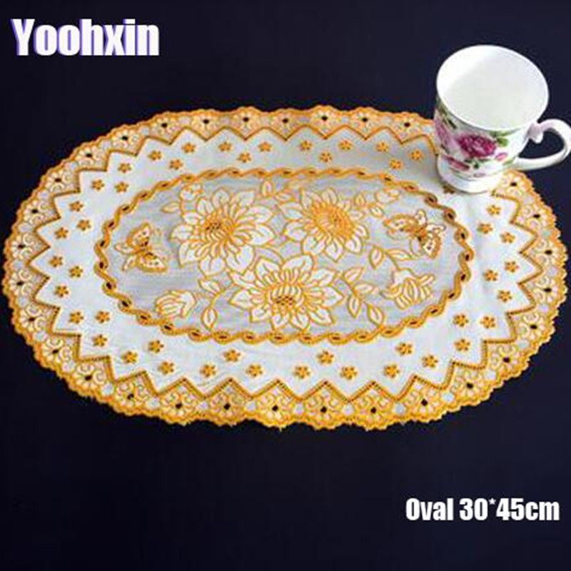 Coffee Tea Place - ร้อนรูปไข่ลูกไม้ PVC ทองพลาสติกตาราง Place Mat Pad