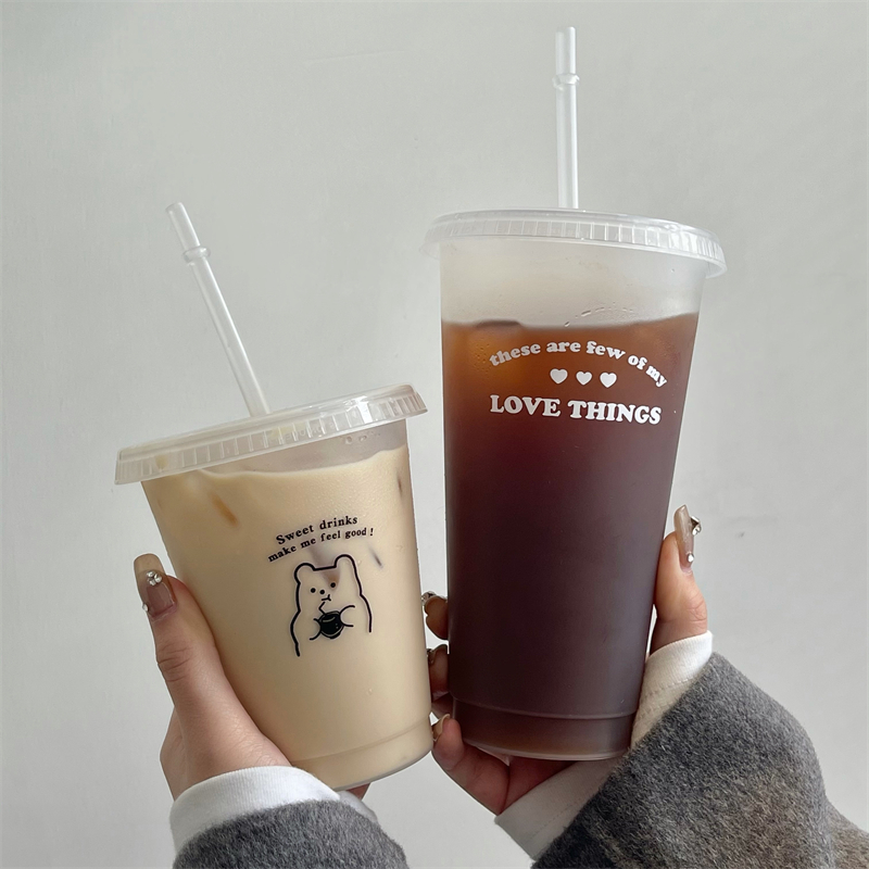 Coffee Tea Equipment - Kawaii ขวดน้ําสําหรับกาแฟชาน่ารัก Tumbler ถ้วยพลาสติกพร้อมฝาปิดฟางแบบพกพาดื่มขวด BPA ฟรี