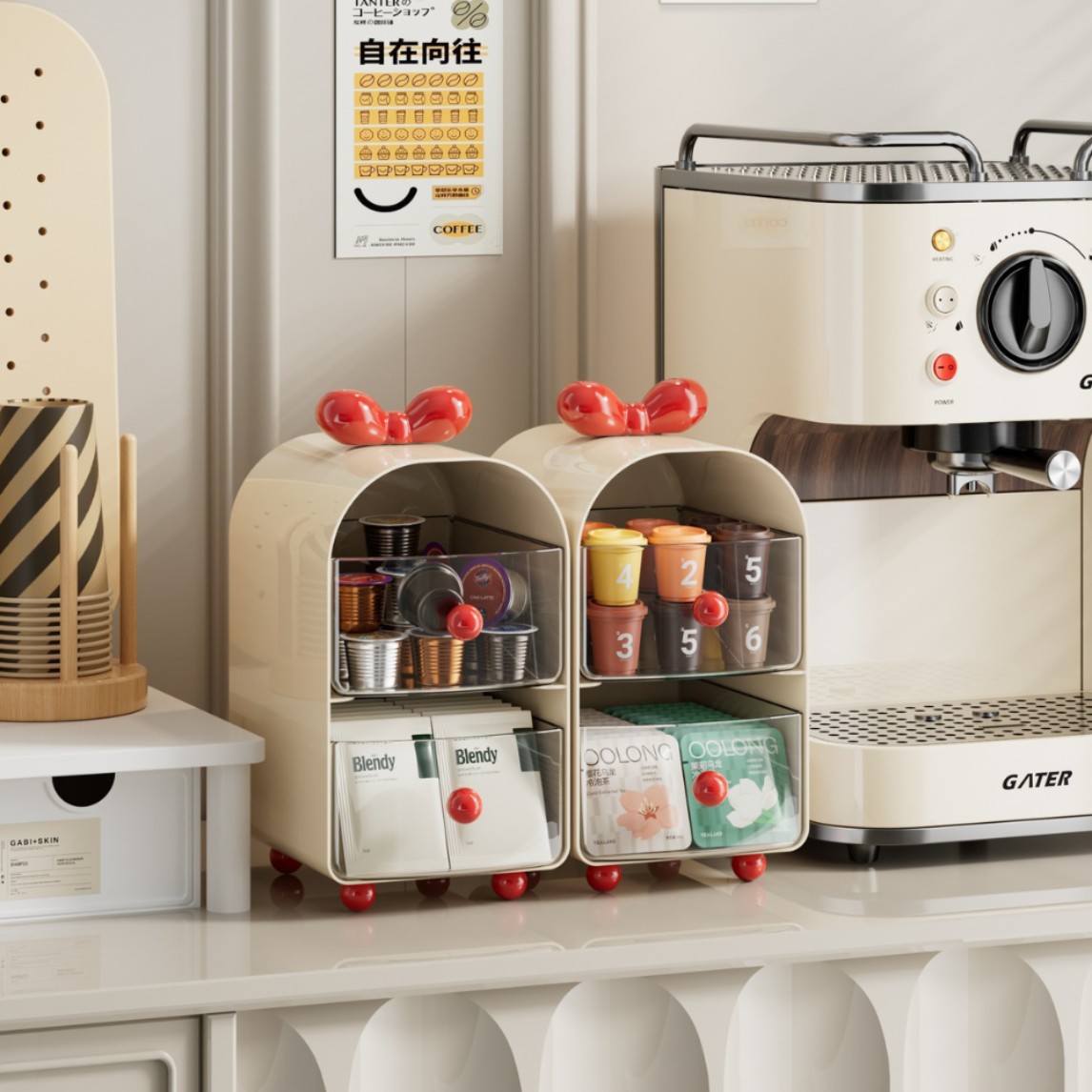 Coffee Tea Containers - กล่องเก็บแคปซูลกาแฟแบบครีมมี่, กล่องเก็บของแบบลิ้นชัก 2 ชั้นสำหรับถุงชา, ค-คัพ และอุปกรณ์ตั้งโต๊ะ