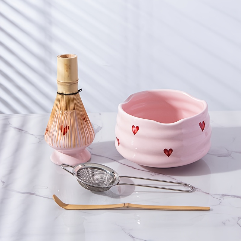 Matcha Whisk Set - 5 ชิ้นหัวใจสีชมพูรูปลอกเซรามิค Matcha ชุดน่ารัก Matcha ชุดประกอบด้วยชาม
