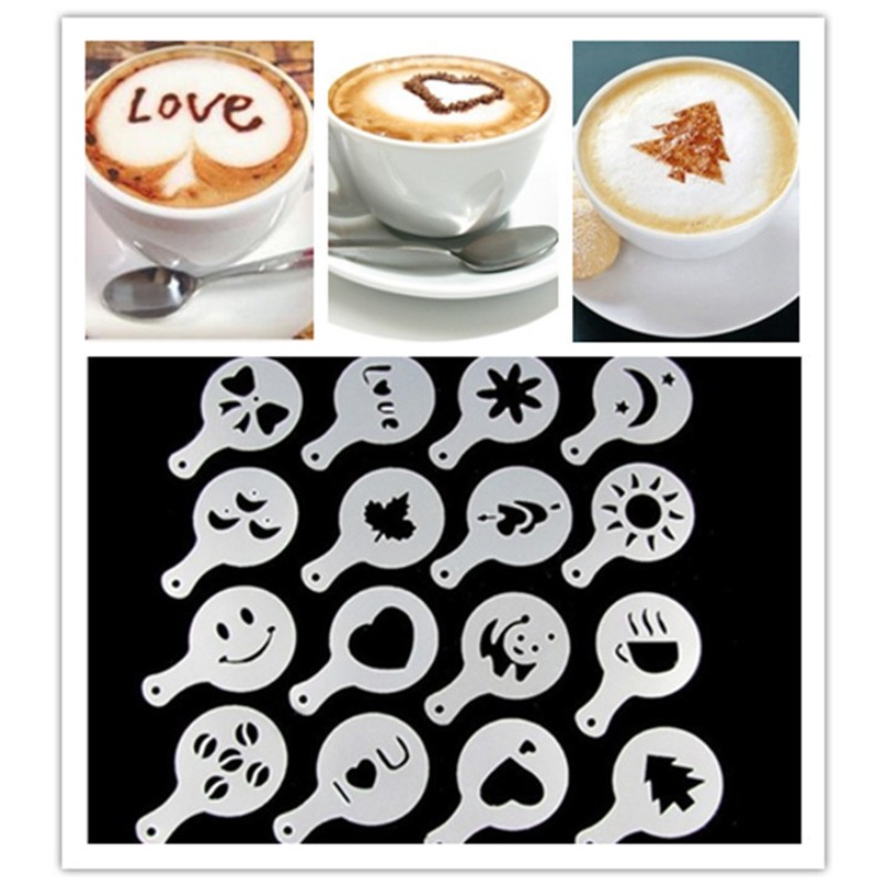 Coffee Stencil Art - ชุดลายฉลุกาแฟ 16 ชิ้น อุปกรณ์บาริสต้าสำหรับตกแต่งลาเต้ คาปูชิโน่ และเค้ก